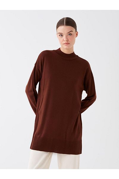 LC Waikiki LCW Modest Μισό ζιβάγκο μονόχρωμο μακρυμάνικο γυναικείο πλεκτό τουνίκ