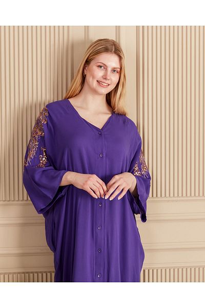 BeyzaBayram Purple Viscose Sequin Embroidered Long Dress - Oversize Loose, Buttoned, Plus Size