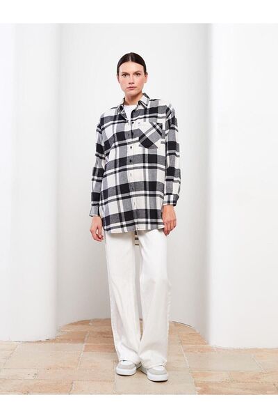 LC Waikiki LCW Modest Gömlek Yaka Ekose Uzun Kollu Oversize Kadın Tunik