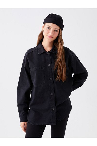 LC Waikiki Cămașă de jeans oversize pentru femei - Jachetă solidă cu mânecă lungă