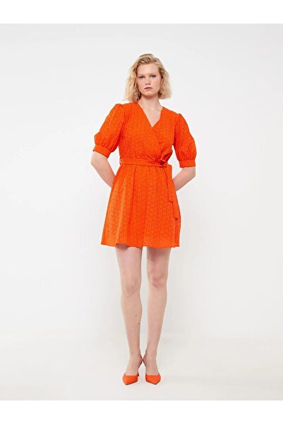 LC Waikiki Lcw Vision Double Breasted Collar Self Patterned Short Sleeve Embroidery Women's Dress