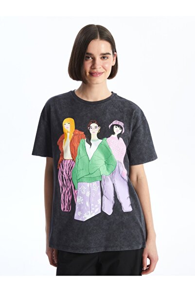 LC Waikiki Dámské tričko s krátkým rukávem s potištěným výstřihem