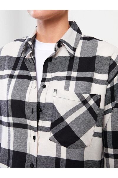LC Waikiki LCW Modest Gömlek Yaka Ekose Uzun Kollu Oversize Kadın Tunik