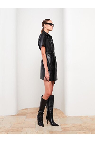 LC Waikiki LCW Vision Düz Kısa Kollu Deri Görünümlü Kadın Gömlek Elbise