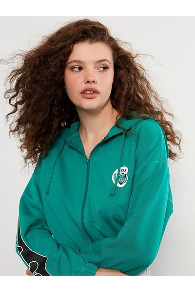LC Waikiki Casual Hooded Printed Long Sleeve Women's Sports Cardigan