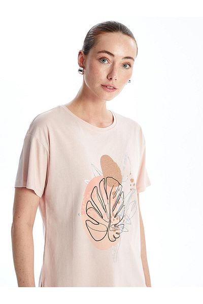 LC Waikiki LCWAIKIKI Classic - Γυναικείο μπλουζάκι με στάμπα με λαιμόκοψη, κοντό μανίκι