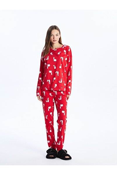 LC Waikiki Bisiklet Yaka Yılbaşı Temalı Uzun Kollu Kadın Pijama Takımı