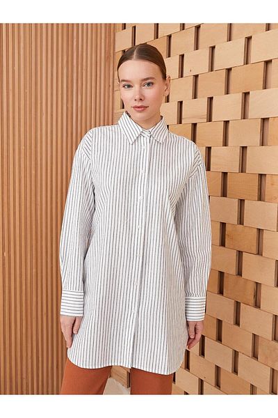 LC Waikiki Tunica cămașă pentru femei LCW Modest Stripe cu mânecă lungă din popelin