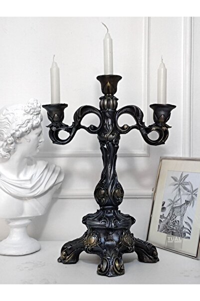 Dekoromi Klasik 3 Kollu Şamdan Mumluk (37x25cm) Antrasit Gold