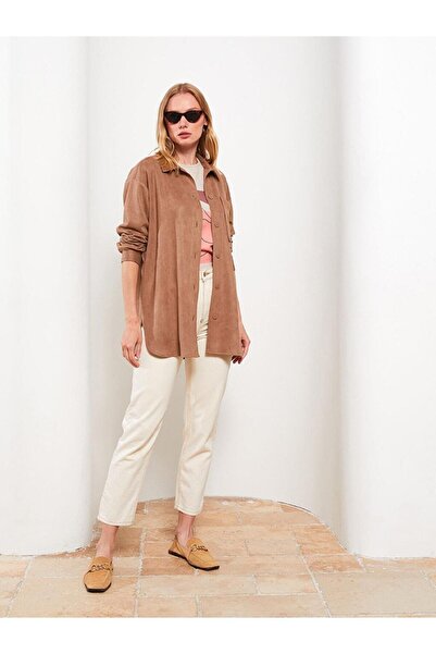 LC Waikiki LCWAIKIKI Classic Gömlek Yaka Düz Uzun Kollu Süet Kadın Mont