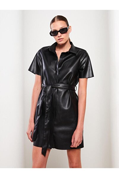 LC Waikiki LCW Vision Düz Kısa Kollu Deri Görünümlü Kadın Gömlek Elbise