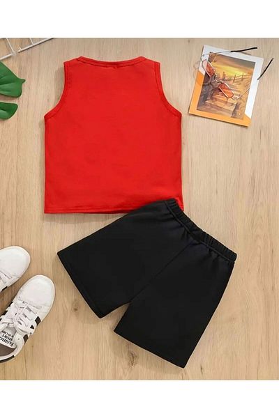 LOUİSA Red-Black Cool Printed T-Shirt and Shorts Set for Boy
