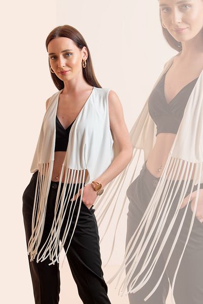 Laranor Vestă cu guler șal Ecru cu design cu ciucuri