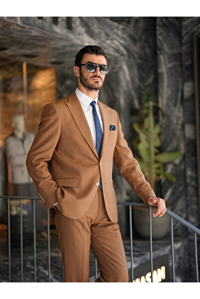 LONATOLİA Premium Men's SlimFitItalian Style Point Stitching Half Lined Suit Jacket Trousers-Camel