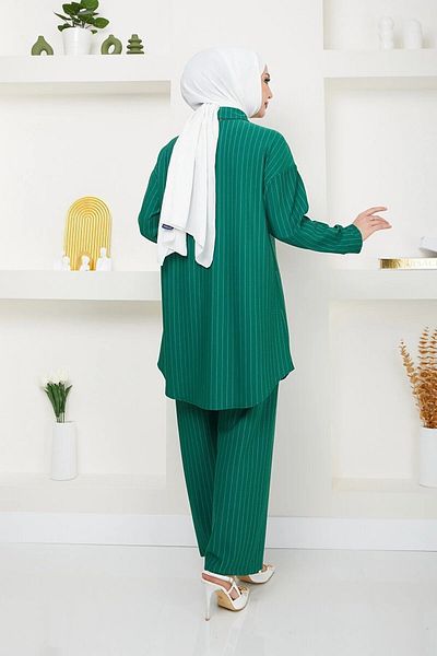 Swana Women's Striped Hijab Set Model Crepe Fabric 2-Piece Set-Emerald