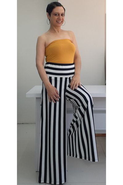 Mertcan Butik Navy Blue and White Striped Rubber Waist Steel Knitted Skirt - Wide Leg