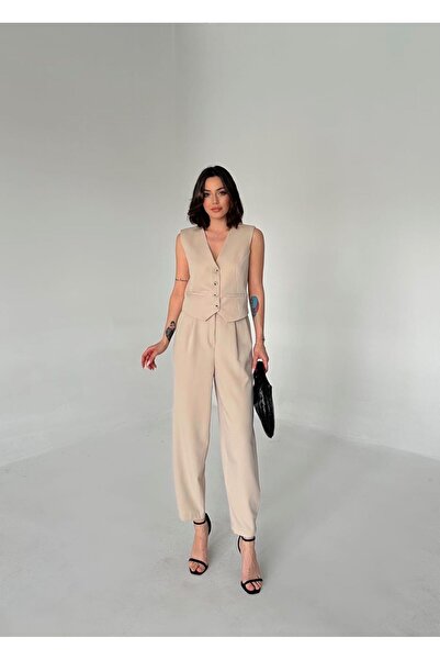 diaves سترة نسائية بأزرار سفلية بلون الحجر - طقم بنطلون جزرة صيفي مكون من قطعتين