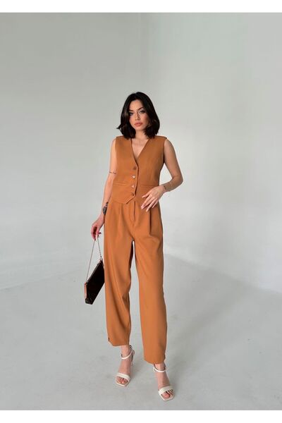 diaves طقم صيفي مكون من قطعتين من سترة القرفة النسائية ذات الأزرار والبنطلون