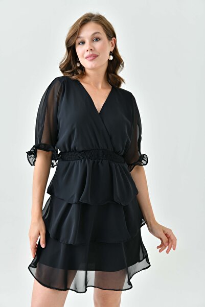 WOMAN VISION Rochie din șifon neagră - căptușită, talie guiped, guler dublu 3447