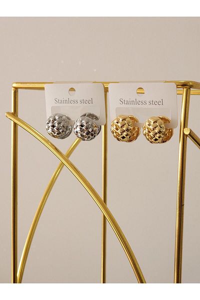 Aylish Bijuteri SILVER COLOR ROUND BOMBED PATTERNED STEEL EARRING