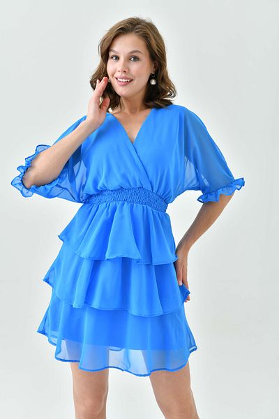 WOMAN VISION Rochie albastra din sifon cu guler dublu - Talie Gippeli, captusita 3447