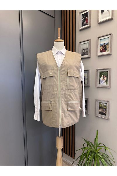 BERNEO Men's Daddy - Large Summer Vest with Multi Pockets and Linen Zipper