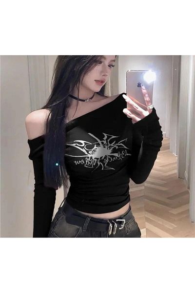 Touz Moda Μακρυμάνικο Μαύρο Spider Retro Crop Streetwear