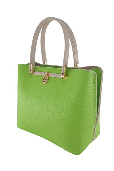 Evident Kilit Aksesuar Detaylı Fıstık Yeşili & Bej Garnili Kadın El Ve Omuz Çantası