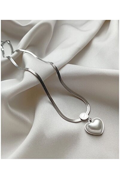 Italian Chain Steel Over 14k White Gold Plated Heart Necklace Silver