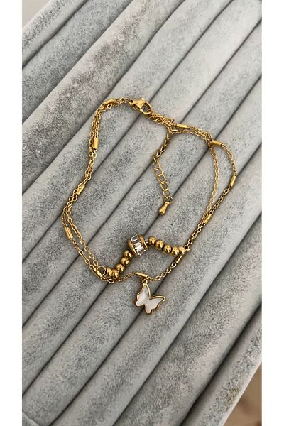 SU PERİSİ TAKI BİJUTERİ Steel Gold Pearlescent Heart Detailed Anklet