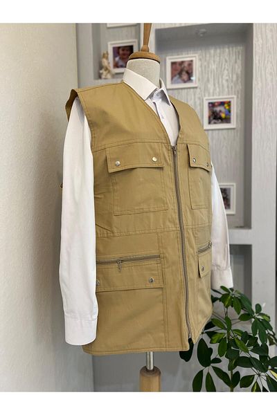 DENİZLİFE Linen Zippered - Large Size Summer Vest with Pockets KTN Battal