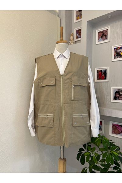 DENİZLİFE KTN Battal Plus Size Summer and Spring Vest - Multi Pockets and Linen Zipper