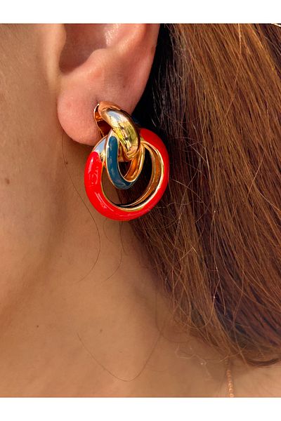 ByMerve Bym129 - 3.5cm Red Steel Earrings for Women, Gold Layer Evening Dress Design