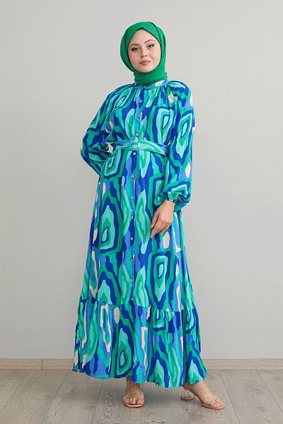 InStyle Green Viscose Dress - Oval Stripe and Belt