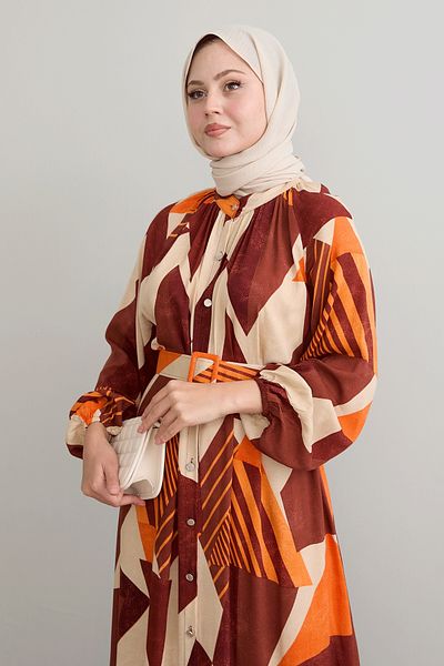 InStyle Sukienka z wiskozowym paskiem w geometrycznym kolorze ceglastym