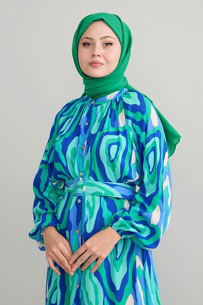 InStyle Green Viscose Dress - Oval Stripe and Belt