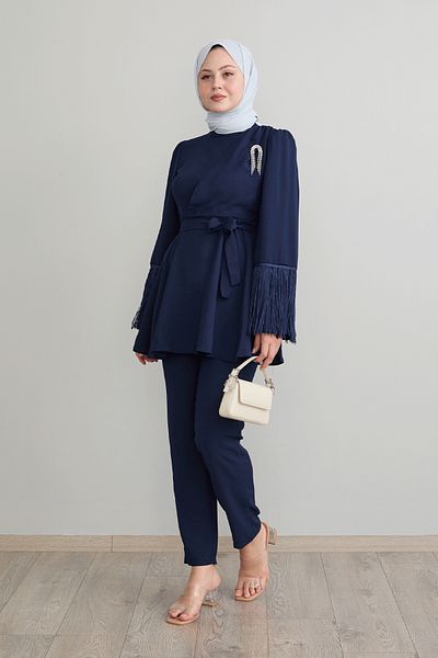 InStyle Σετ με φούντα μανίκι πέτρα κρεπ Navy Blue