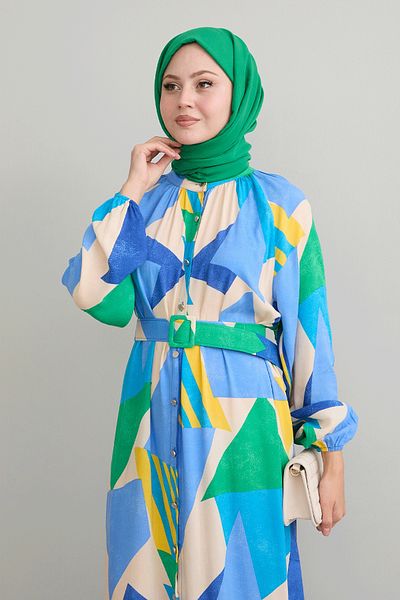 InStyle Blue Viscose Dress - Geometric Pattern and Belt Detail