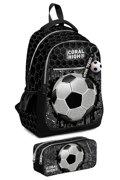 Coral High Set rucsac negru de fotbal și suport pentru creion pentru băiat