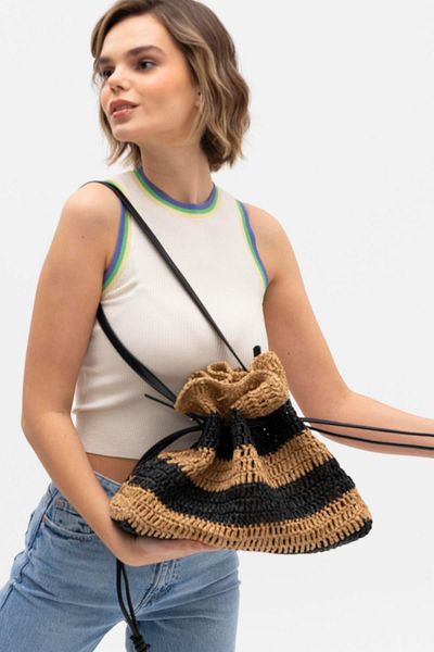 Matthew Cox MATTHEWCOX Women's Straw Shoulder Bag - Camele Black, Drawstring HSR1194