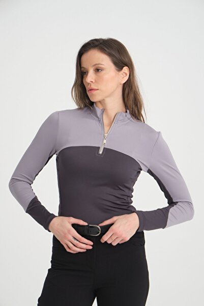 PEUR RIDER SHOP Γκρι ανθρακί μακρυμάνικο γυναικείο μπλουζάκι με φερμουάρ