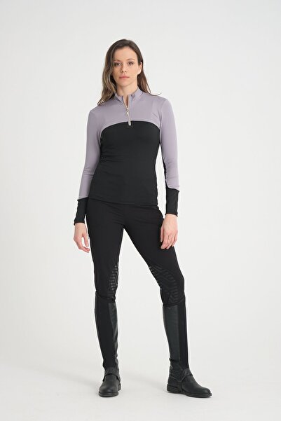 PEUR RIDER SHOP Γκρι και μαύρο γυναικείο μπλουζάκι Rider με φερμουάρ