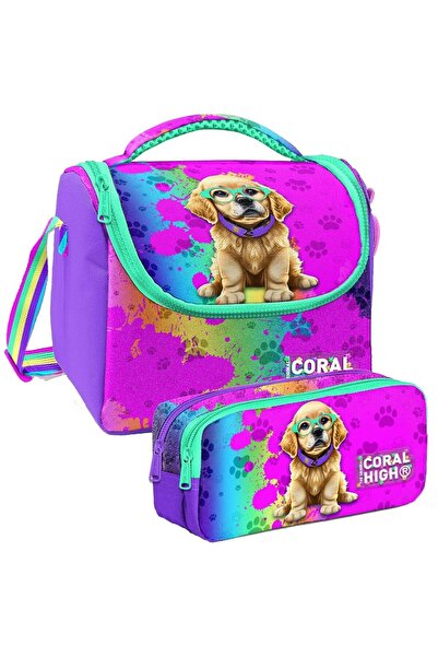Coral High Дівчача термосумка для ланчу та пенал з малюнком собаки, фіолетово...