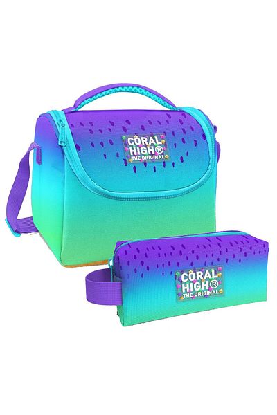 Coral High Set de geanți de prânz termoizolante cu model liliac violet și suport pentru creion pentru fete