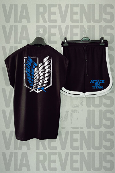 Vordevia طقم رياضي مكون من تي شيرت أسود مطبوع عليه Attack on Titan وشورت أسود