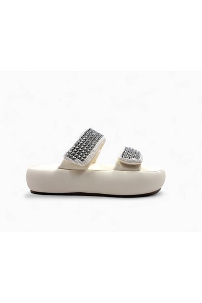 Guja Papuci Bej Puff - Design Confort cu Velcro și Piatră