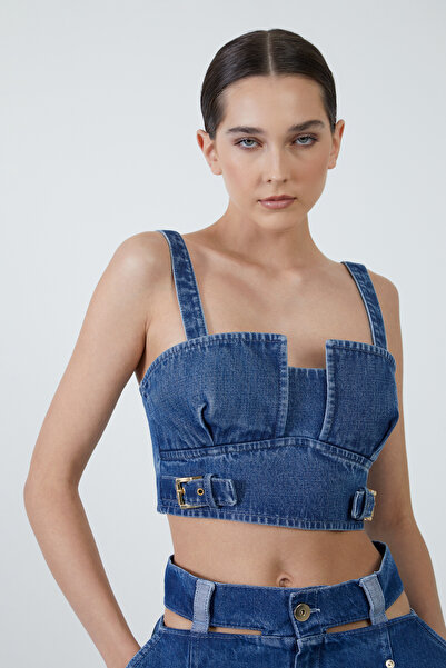 GİZİA Arkası Fermuarlı Kalın Askılı Lacivert Jean Top
