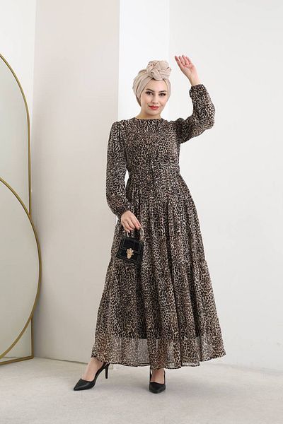 Neşeli Butik γυναικείο σιφόν λεοπάρ φόδρα χιτζάμπ φόρεμα NMS007