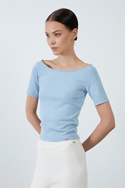 GİZİA Kayık Yaka Kısa Kollu Triko Mavi Bluz
