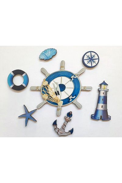 AKIN AKSESUAR HEDİYELİK 7 bucăți Ancoră Cârmă Marinar Tematică Lemn Lipire Perete Ornament Decor